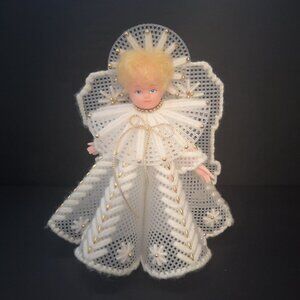 Vintage Handmade Plastic Canvas Yarn & Gold Tone Beads Christmas Angel 8" High